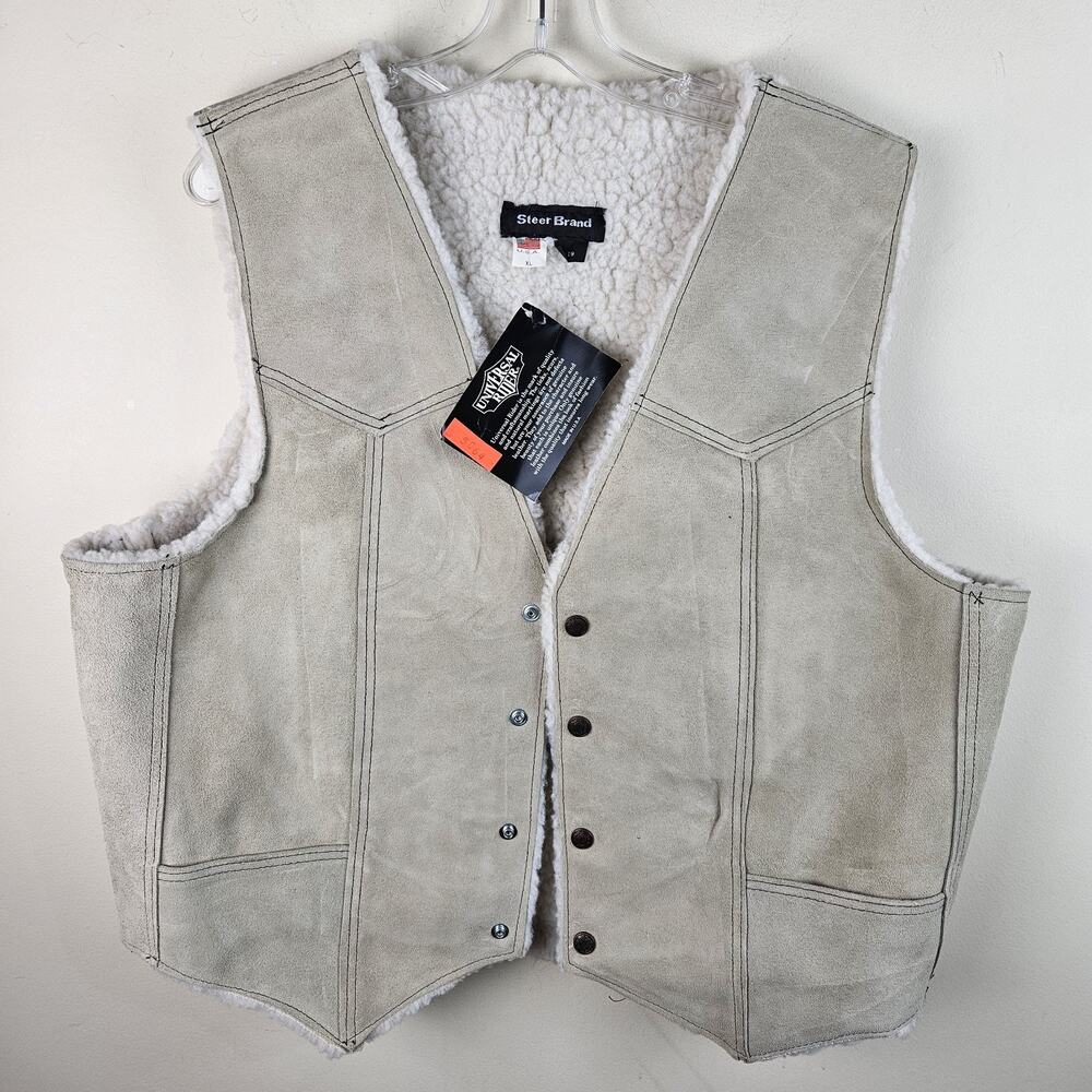 VTG Steer Brand Men’s Suede Vest Sz XL FITS M Leather Shearling Sherpa Western